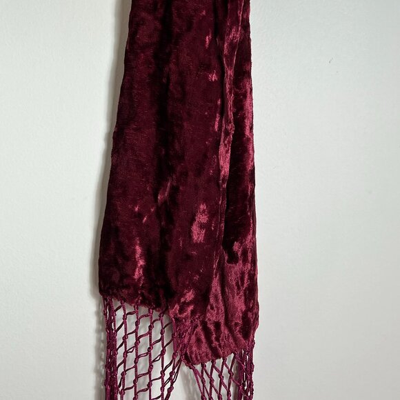 Burgundy Wine Crushed Velvet Scarf with Macrame Fringe, 84" x 5.5" - Picture 6 of 7